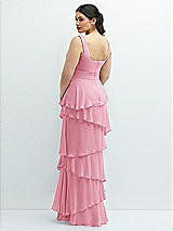 Rear View Thumbnail - Peony Pink Asymmetrical Tiered Ruffle Chiffon Maxi Dress with Square Neckline
