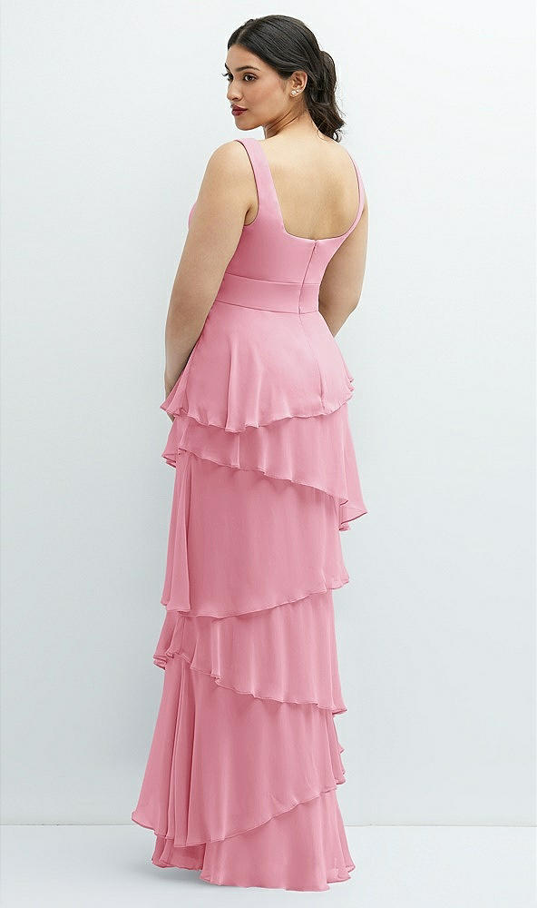 Back View - Peony Pink Asymmetrical Tiered Ruffle Chiffon Maxi Dress with Square Neckline
