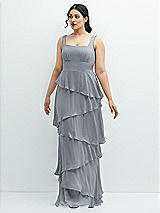 Front View Thumbnail - Platinum Asymmetrical Tiered Ruffle Chiffon Maxi Dress with Square Neckline