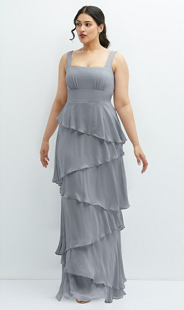 Front View - Platinum Asymmetrical Tiered Ruffle Chiffon Maxi Dress with Square Neckline