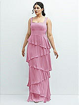 Front View Thumbnail - Powder Pink Asymmetrical Tiered Ruffle Chiffon Maxi Dress with Square Neckline