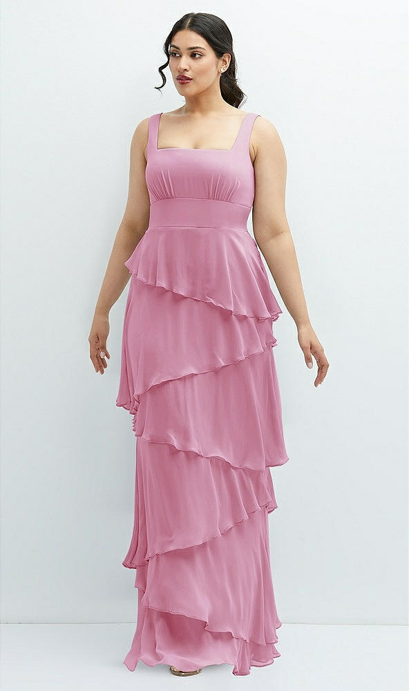 Front View - Powder Pink Asymmetrical Tiered Ruffle Chiffon Maxi Dress with Square Neckline