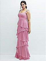 Side View Thumbnail - Powder Pink Asymmetrical Tiered Ruffle Chiffon Maxi Dress with Square Neckline