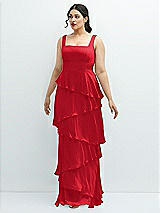 Front View Thumbnail - Parisian Red Asymmetrical Tiered Ruffle Chiffon Maxi Dress with Square Neckline