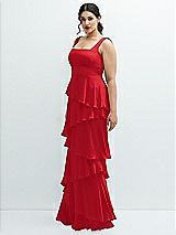 Side View Thumbnail - Parisian Red Asymmetrical Tiered Ruffle Chiffon Maxi Dress with Square Neckline