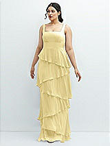 Front View Thumbnail - Pale Yellow Asymmetrical Tiered Ruffle Chiffon Maxi Dress with Square Neckline