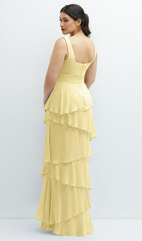 Back View - Pale Yellow Asymmetrical Tiered Ruffle Chiffon Maxi Dress with Square Neckline