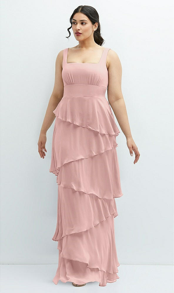 Front View - Rose - PANTONE Rose Quartz Asymmetrical Tiered Ruffle Chiffon Maxi Dress with Square Neckline