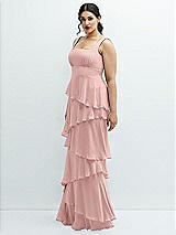 Side View Thumbnail - Rose - PANTONE Rose Quartz Asymmetrical Tiered Ruffle Chiffon Maxi Dress with Square Neckline