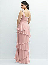 Rear View Thumbnail - Rose - PANTONE Rose Quartz Asymmetrical Tiered Ruffle Chiffon Maxi Dress with Square Neckline