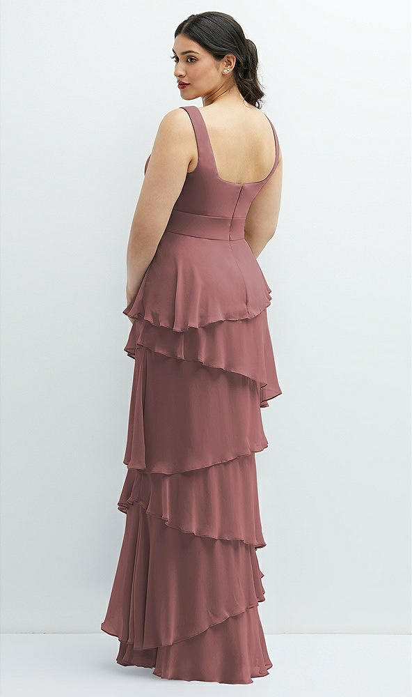 Back View - Rosewood Asymmetrical Tiered Ruffle Chiffon Maxi Dress with Square Neckline