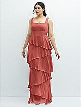 Front View Thumbnail - Coral Pink Asymmetrical Tiered Ruffle Chiffon Maxi Dress with Square Neckline