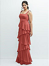 Side View Thumbnail - Coral Pink Asymmetrical Tiered Ruffle Chiffon Maxi Dress with Square Neckline