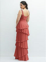 Rear View Thumbnail - Coral Pink Asymmetrical Tiered Ruffle Chiffon Maxi Dress with Square Neckline