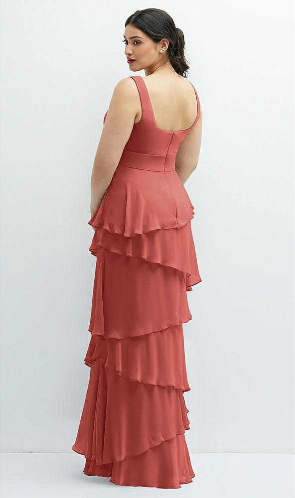 Back View - Coral Pink Asymmetrical Tiered Ruffle Chiffon Maxi Dress with Square Neckline