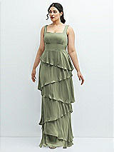 Front View Thumbnail - Sage Asymmetrical Tiered Ruffle Chiffon Maxi Dress with Square Neckline