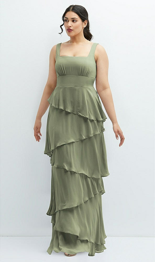 Front View - Sage Asymmetrical Tiered Ruffle Chiffon Maxi Dress with Square Neckline
