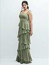 Side View Thumbnail - Sage Asymmetrical Tiered Ruffle Chiffon Maxi Dress with Square Neckline