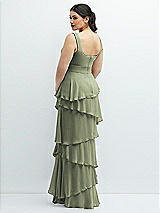 Rear View Thumbnail - Sage Asymmetrical Tiered Ruffle Chiffon Maxi Dress with Square Neckline