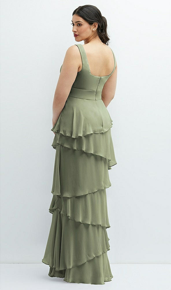 Back View - Sage Asymmetrical Tiered Ruffle Chiffon Maxi Dress with Square Neckline