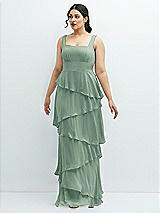 Front View Thumbnail - Seagrass Asymmetrical Tiered Ruffle Chiffon Maxi Dress with Square Neckline