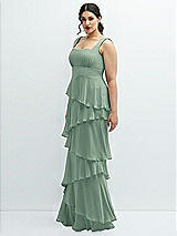 Side View Thumbnail - Seagrass Asymmetrical Tiered Ruffle Chiffon Maxi Dress with Square Neckline