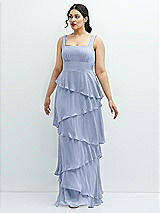 Front View Thumbnail - Sky Blue Asymmetrical Tiered Ruffle Chiffon Maxi Dress with Square Neckline