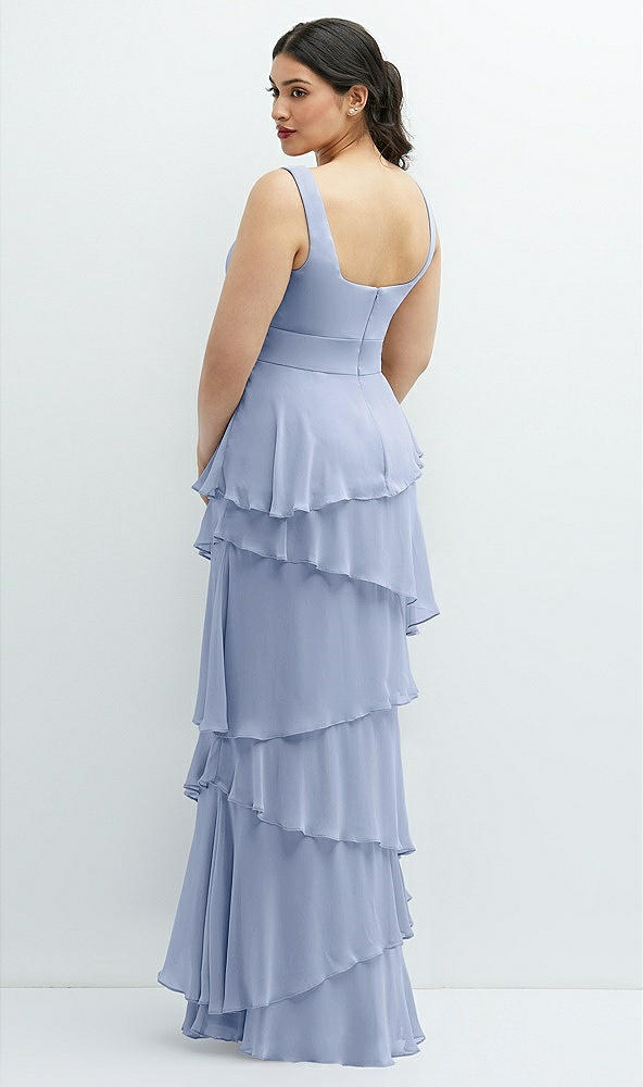 Back View - Sky Blue Asymmetrical Tiered Ruffle Chiffon Maxi Dress with Square Neckline