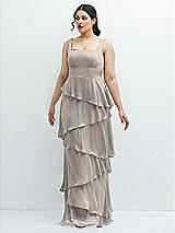 Front View Thumbnail - Taupe Asymmetrical Tiered Ruffle Chiffon Maxi Dress with Square Neckline