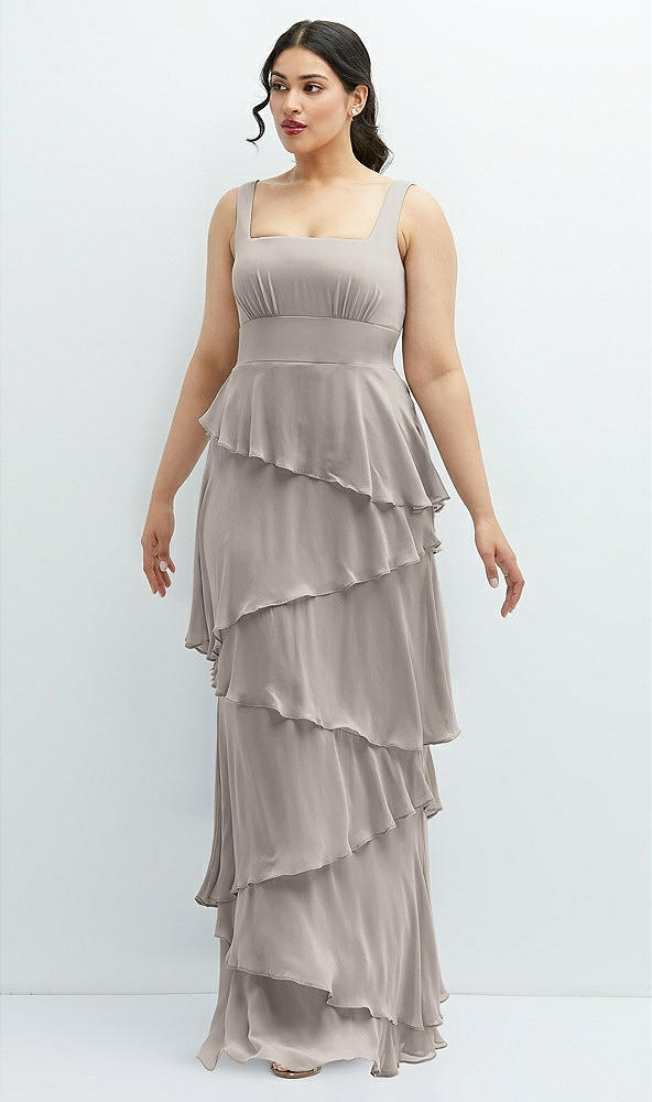 Front View - Taupe Asymmetrical Tiered Ruffle Chiffon Maxi Dress with Square Neckline
