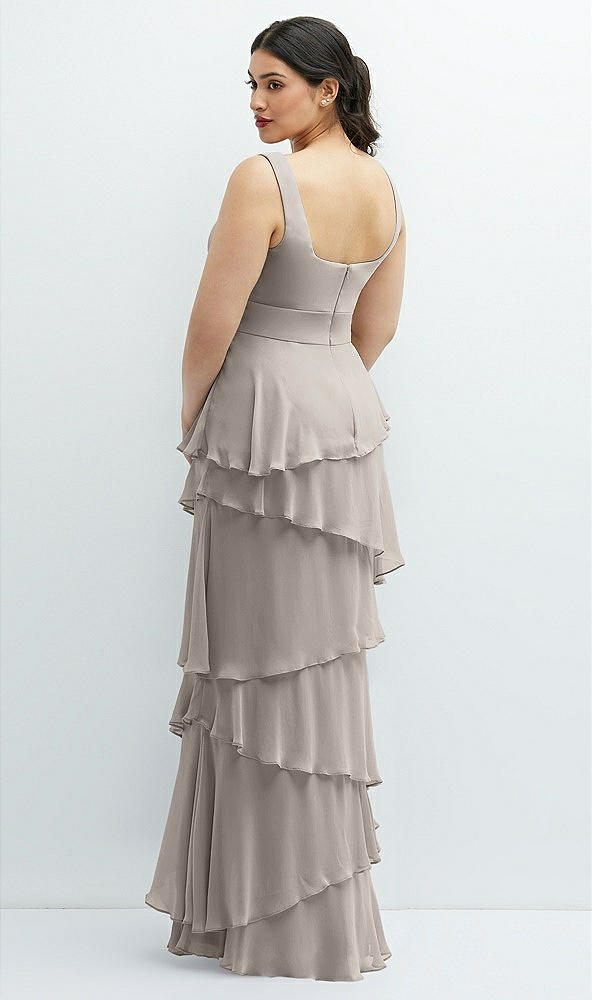 Back View - Taupe Asymmetrical Tiered Ruffle Chiffon Maxi Dress with Square Neckline