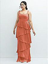 Front View Thumbnail - Terracotta Copper Asymmetrical Tiered Ruffle Chiffon Maxi Dress with Square Neckline