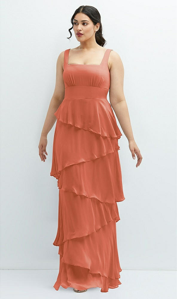 Front View - Terracotta Copper Asymmetrical Tiered Ruffle Chiffon Maxi Dress with Square Neckline