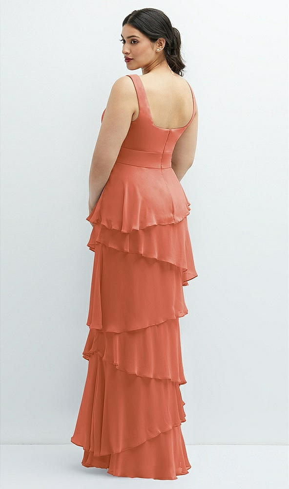 Back View - Terracotta Copper Asymmetrical Tiered Ruffle Chiffon Maxi Dress with Square Neckline