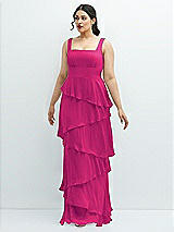 Front View Thumbnail - Think Pink Asymmetrical Tiered Ruffle Chiffon Maxi Dress with Square Neckline