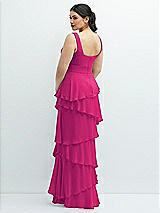 Rear View Thumbnail - Think Pink Asymmetrical Tiered Ruffle Chiffon Maxi Dress with Square Neckline
