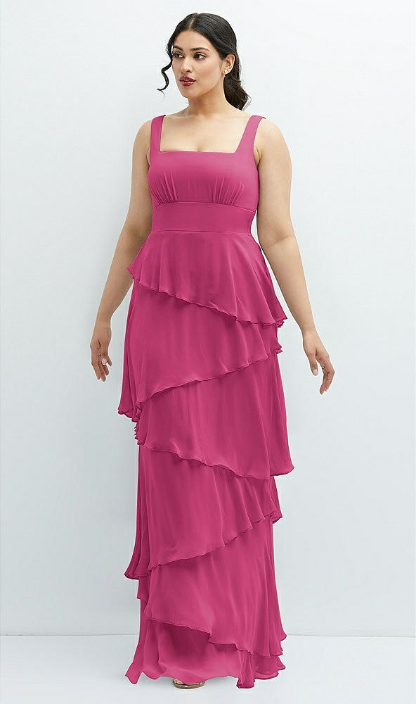 Front View - Tea Rose Asymmetrical Tiered Ruffle Chiffon Maxi Dress with Square Neckline