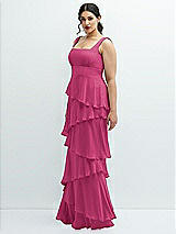 Side View Thumbnail - Tea Rose Asymmetrical Tiered Ruffle Chiffon Maxi Dress with Square Neckline