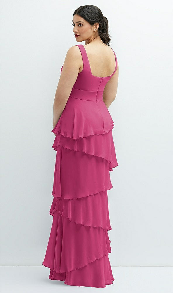 Back View - Tea Rose Asymmetrical Tiered Ruffle Chiffon Maxi Dress with Square Neckline