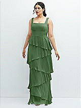 Front View Thumbnail - Vineyard Green Asymmetrical Tiered Ruffle Chiffon Maxi Dress with Square Neckline