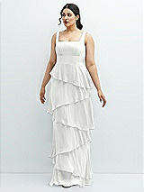 Front View Thumbnail - White Asymmetrical Tiered Ruffle Chiffon Maxi Dress with Square Neckline