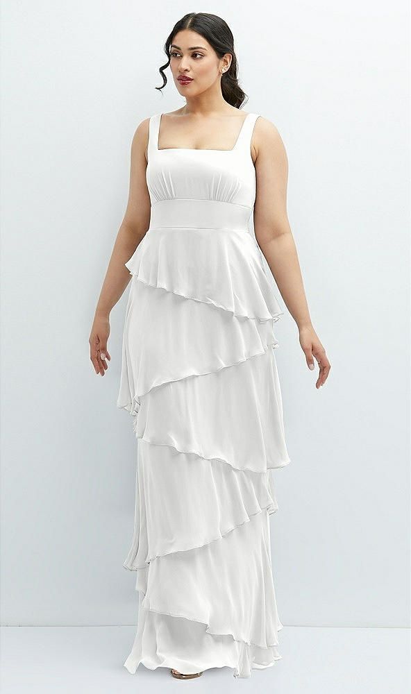 Front View - White Asymmetrical Tiered Ruffle Chiffon Maxi Dress with Square Neckline
