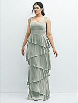 Front View Thumbnail - Willow Green Asymmetrical Tiered Ruffle Chiffon Maxi Dress with Square Neckline