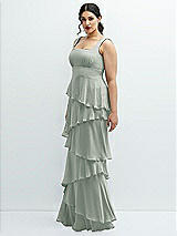Side View Thumbnail - Willow Green Asymmetrical Tiered Ruffle Chiffon Maxi Dress with Square Neckline