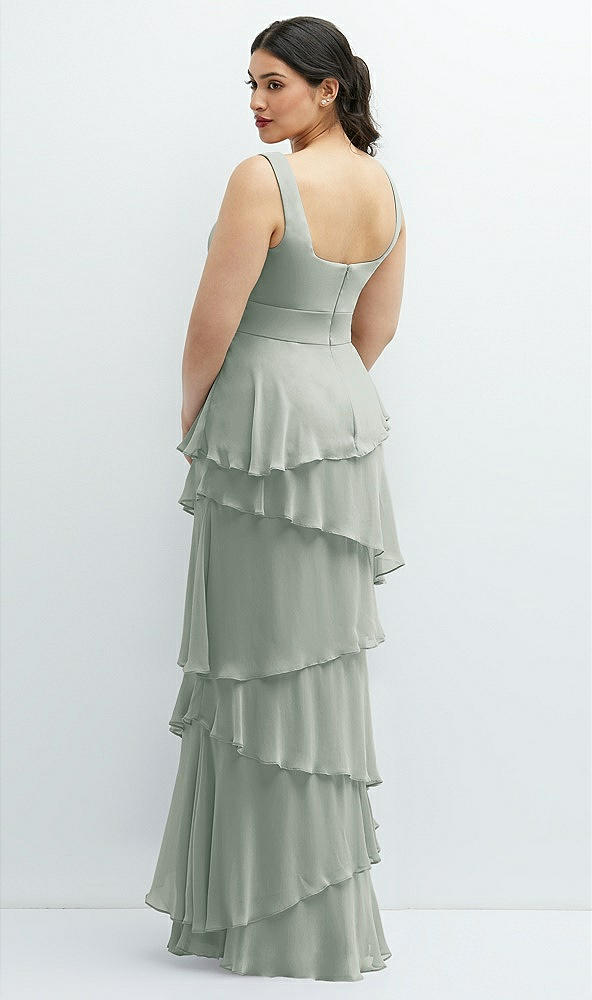Back View - Willow Green Asymmetrical Tiered Ruffle Chiffon Maxi Dress with Square Neckline