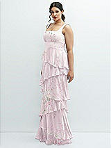 Side View Thumbnail - Watercolor Print Asymmetrical Tiered Ruffle Chiffon Maxi Dress with Square Neckline