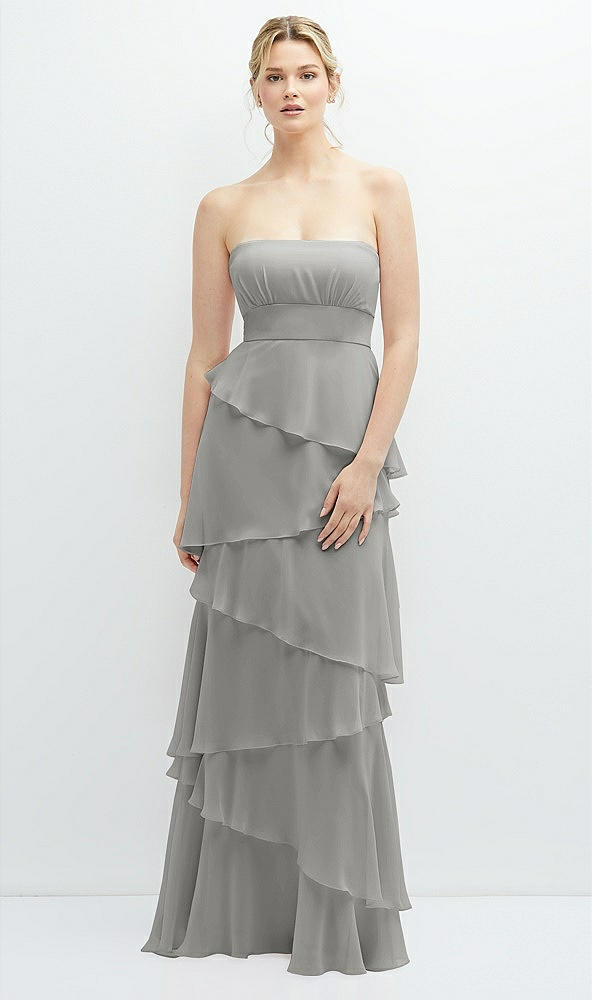Front View - Chelsea Gray Strapless Asymmetrical Tiered Ruffle Chiffon Maxi Dress