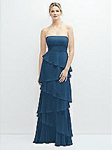 Front View Thumbnail - Dusk Blue Strapless Asymmetrical Tiered Ruffle Chiffon Maxi Dress