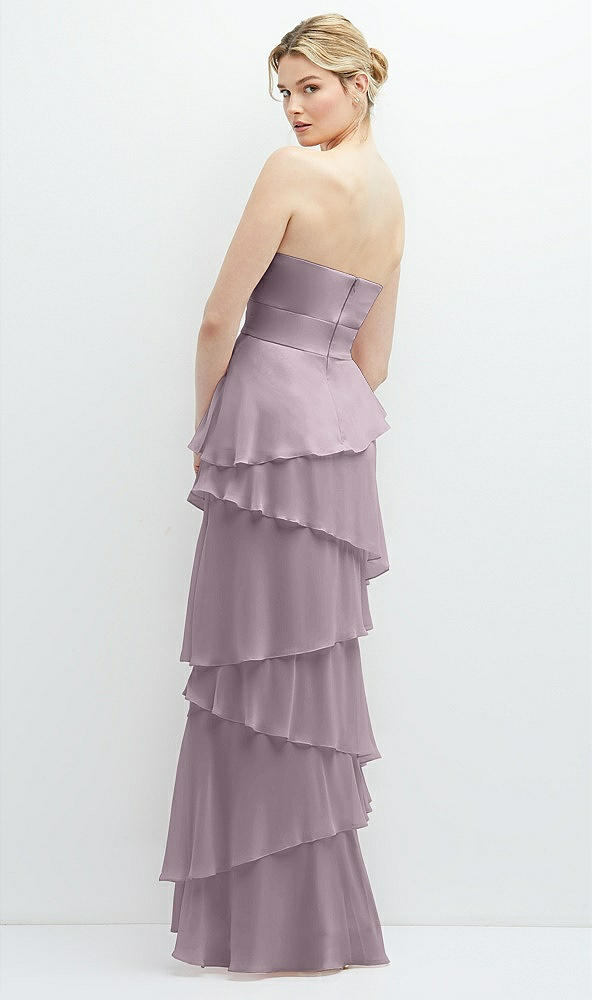 Back View - Lilac Dusk Strapless Asymmetrical Tiered Ruffle Chiffon Maxi Dress
