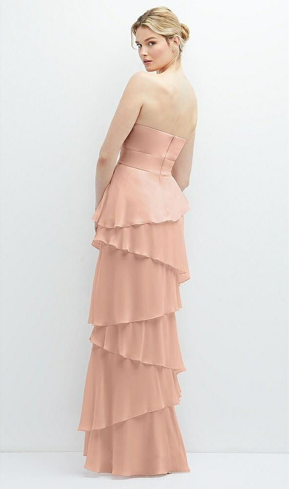 Back View - Pale Peach Strapless Asymmetrical Tiered Ruffle Chiffon Maxi Dress